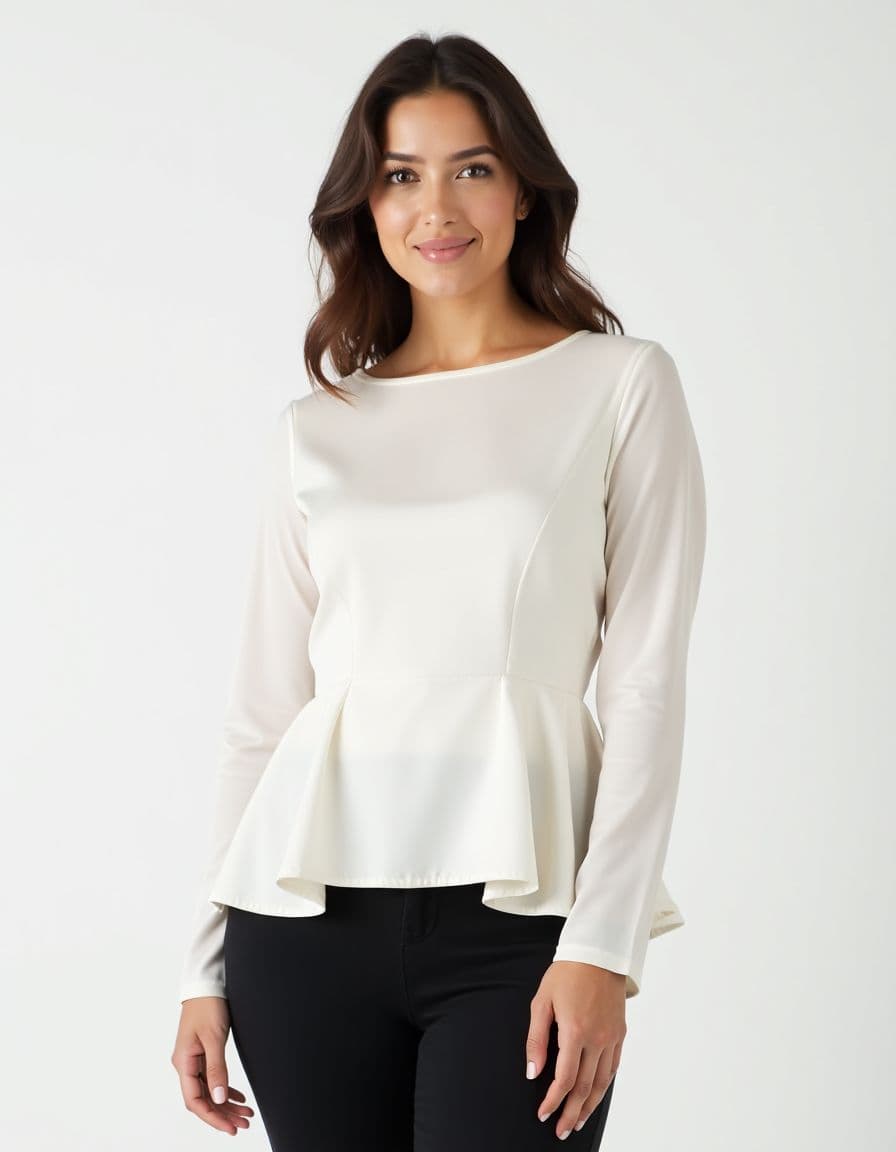 A model wearing a white peplum blouse with boat neckline and fitted waist, paired with black pants against a white background