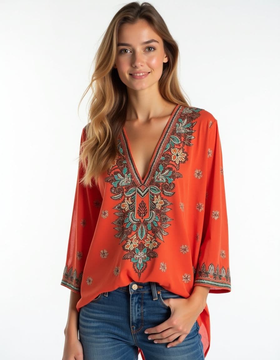 A model wearing an orange tunic blouse with ornate turquoise and brown embroidered pattern around the V-neck and hem, paired with blue jeans against a white background