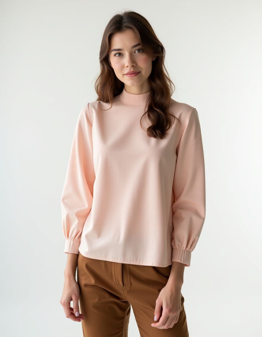 A model wearing a pale pink mock neck blouse with gathered sleeves, paired with brown pants against a white background