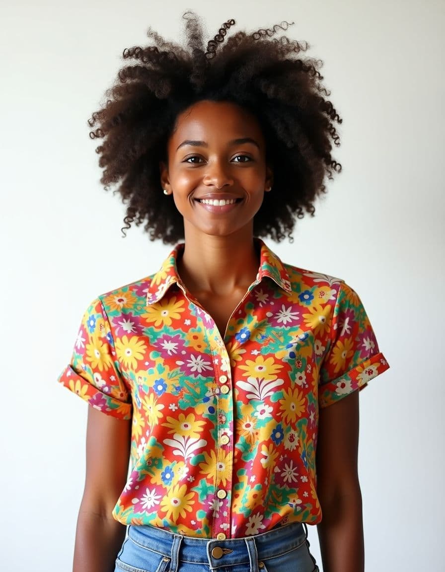 A model wearing a colorful floral button-up blouse with yellow, orange, and pink daisies and green leaves, paired with blue jeans against a white background