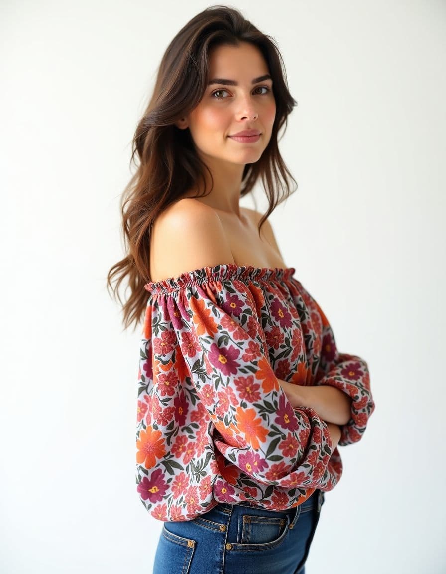 A model wearing an off-shoulder floral blouse with coral, pink and purple flowers and green leaves, paired with blue jeans against a white background