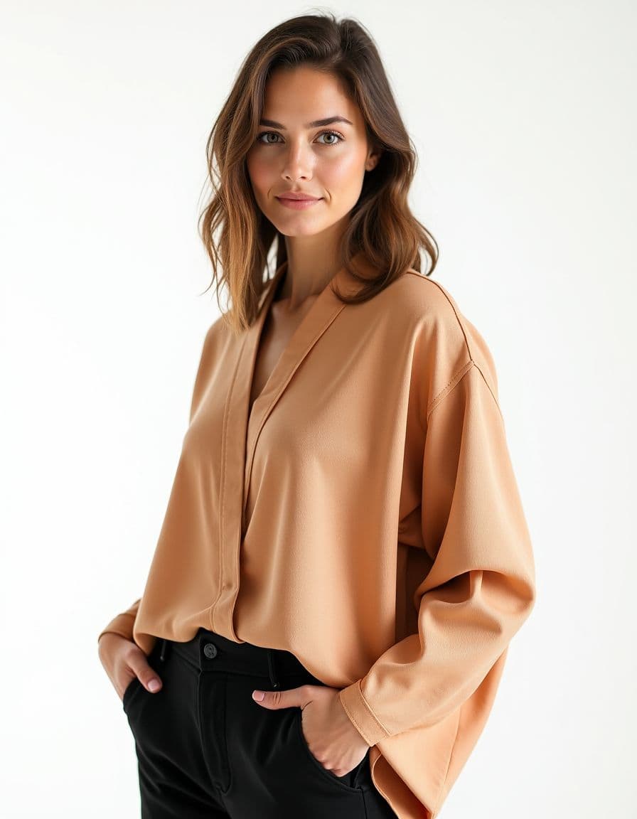 A model wearing a beige v-neck blouse with oversized sleeves and relaxed fit, paired with black pants against a white background