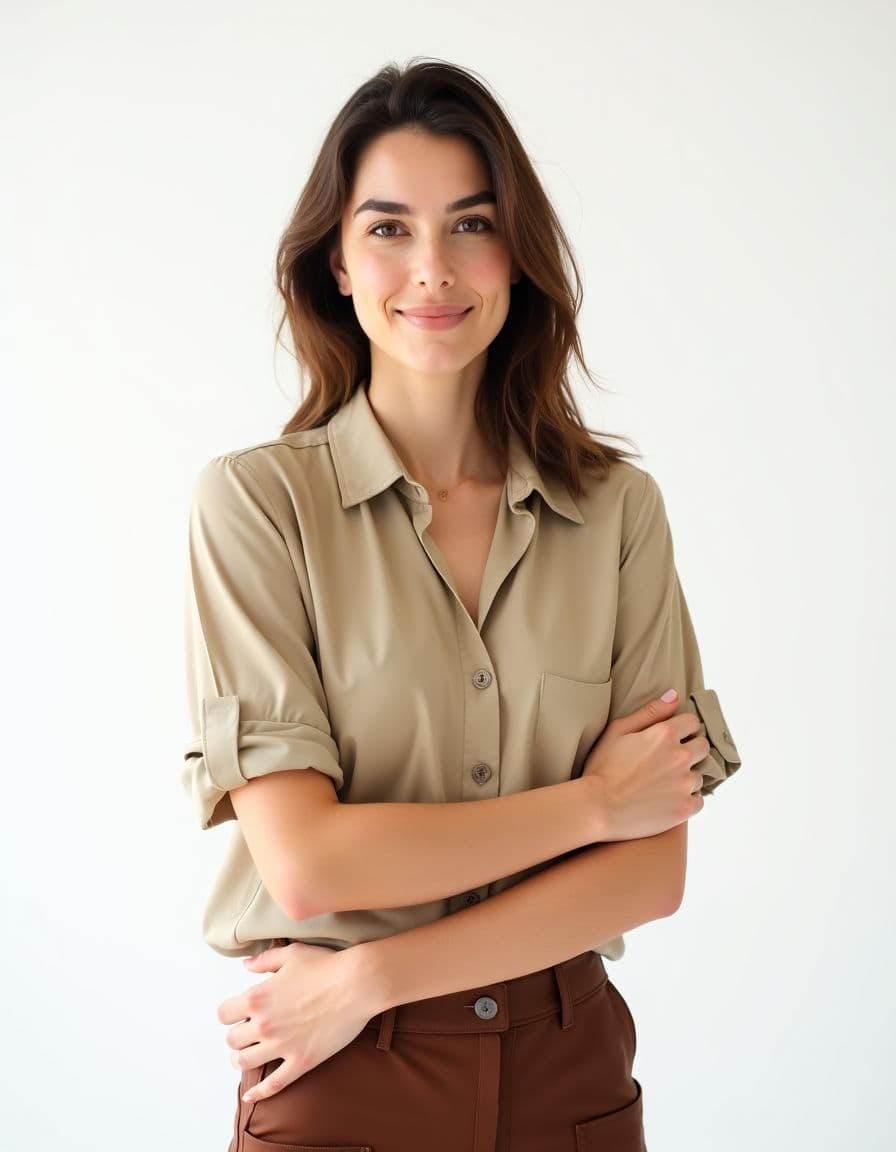 A model wearing a beige button-up blouse with rolled sleeves and relaxed fit, paired with brown pants against a white background