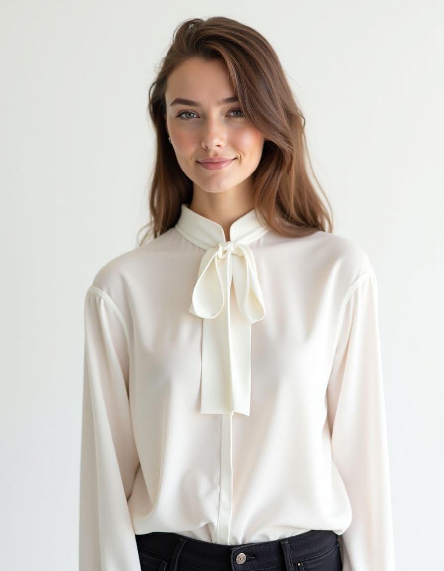 A model wearing a classic white button-up blouse with bow tie neck against a minimalist background