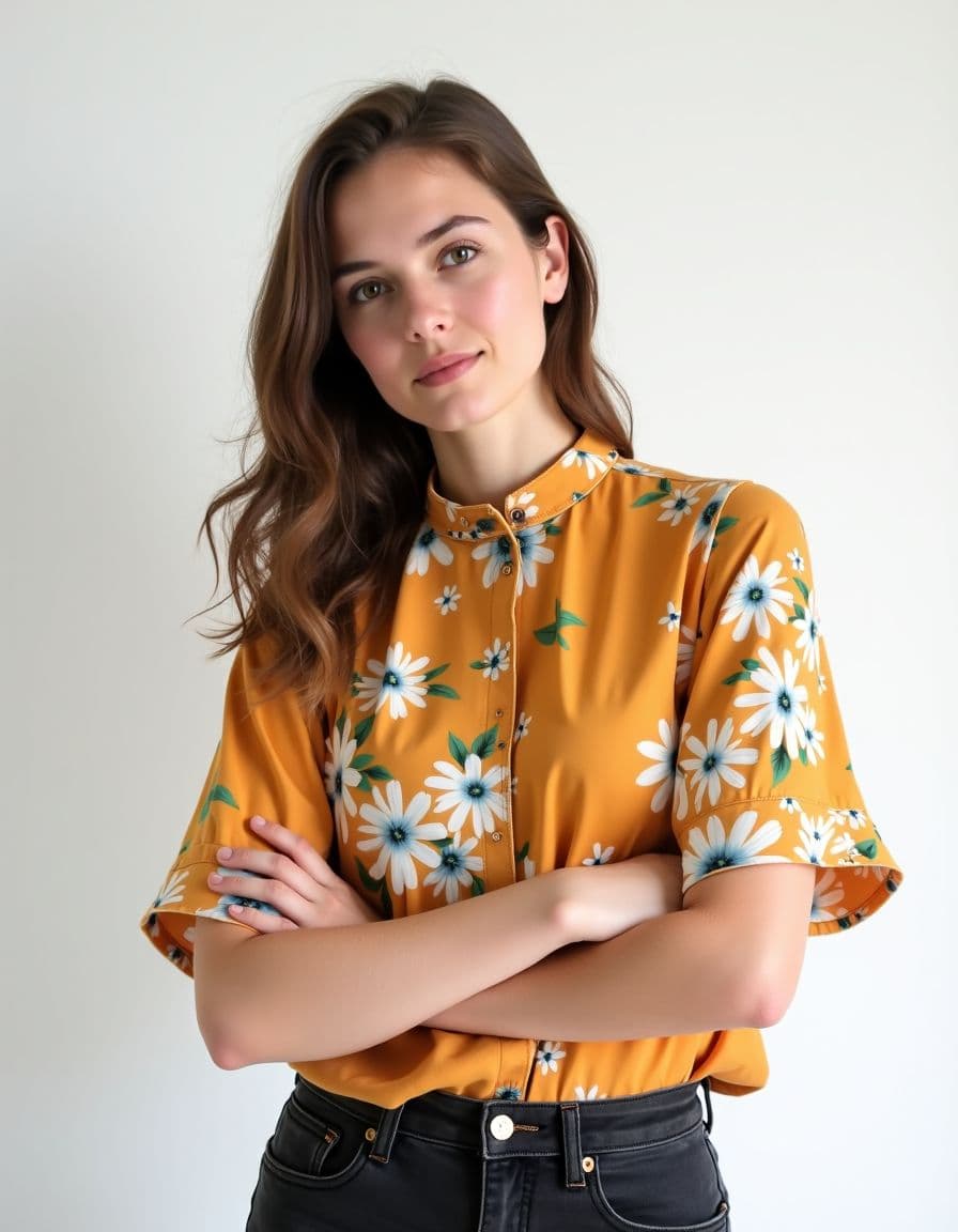 A model in a yellow floral blouse with white daisies and flutter sleeves against a white background