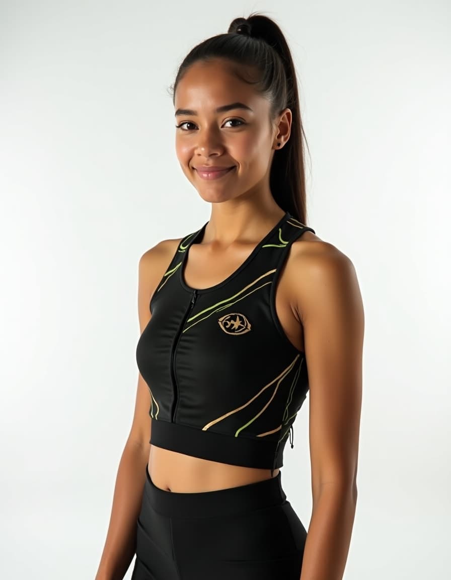 A model wearing a black sports crop top with neon green and gold accent lines and logo, paired with black athletic wear against a white background