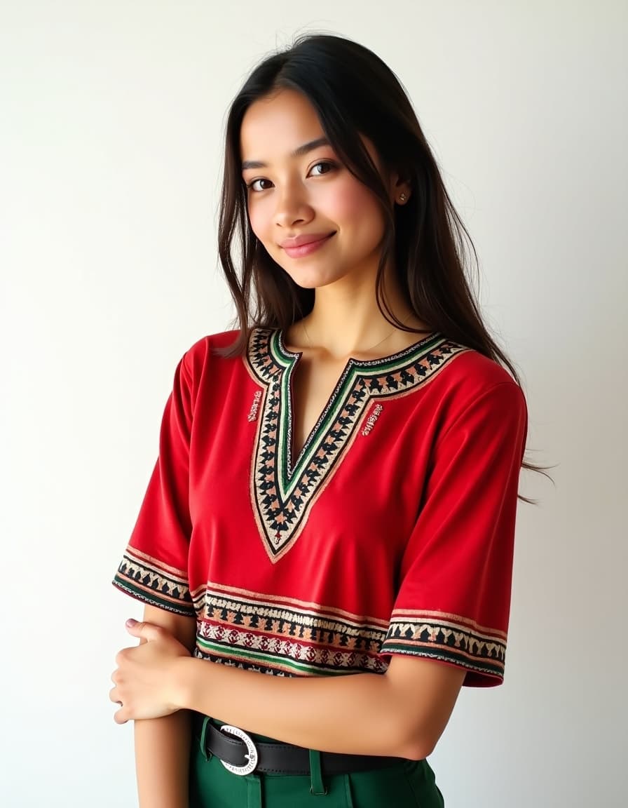 A model wearing a red halter neck crop top with gold chain detail, paired with black high-waisted pants against a white background