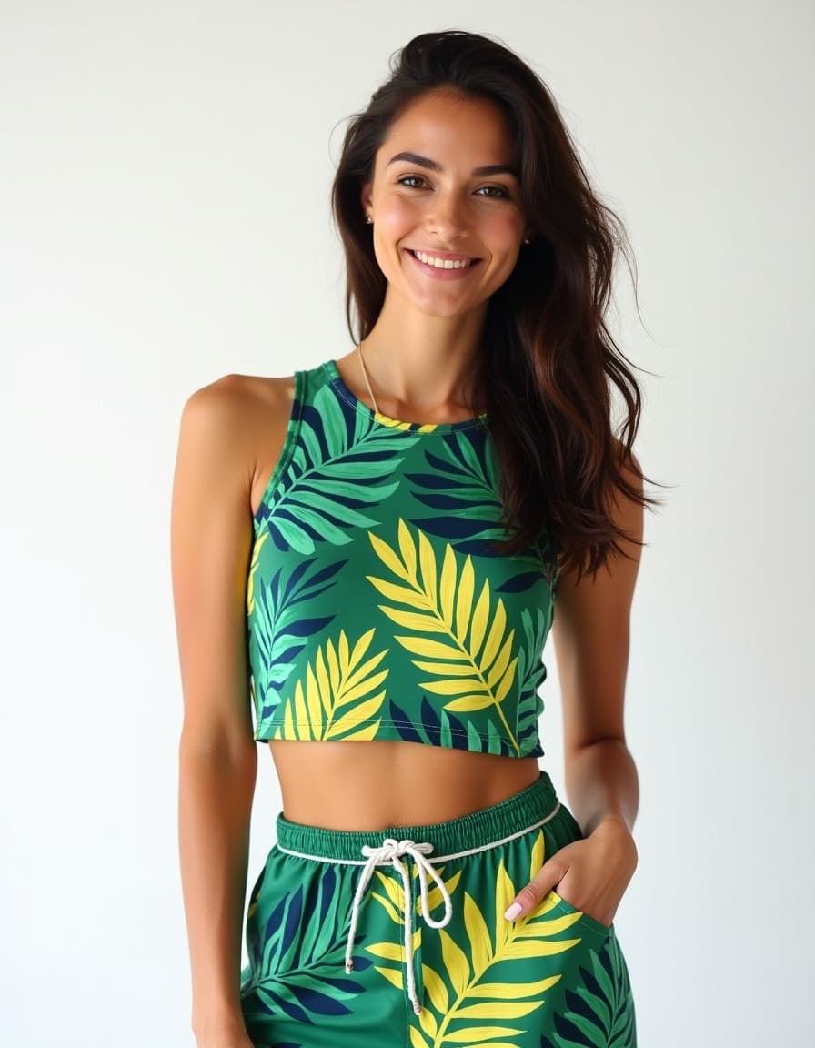 A model wearing a green tropical print crop top and shorts set with palm leaf pattern in navy and yellow against a white background