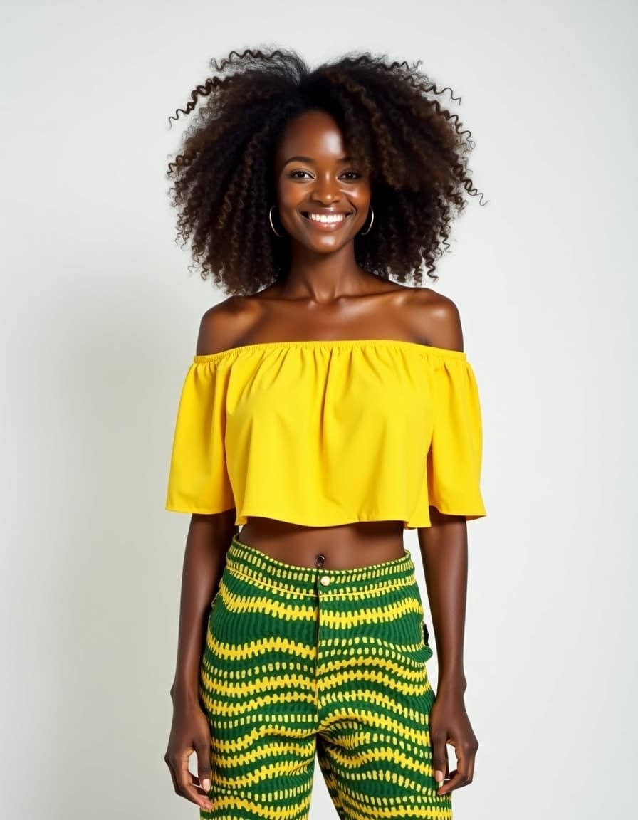 A model wearing a yellow off-shoulder crop top with flutter sleeves, paired with high-waisted green and yellow patterned pants against a white background