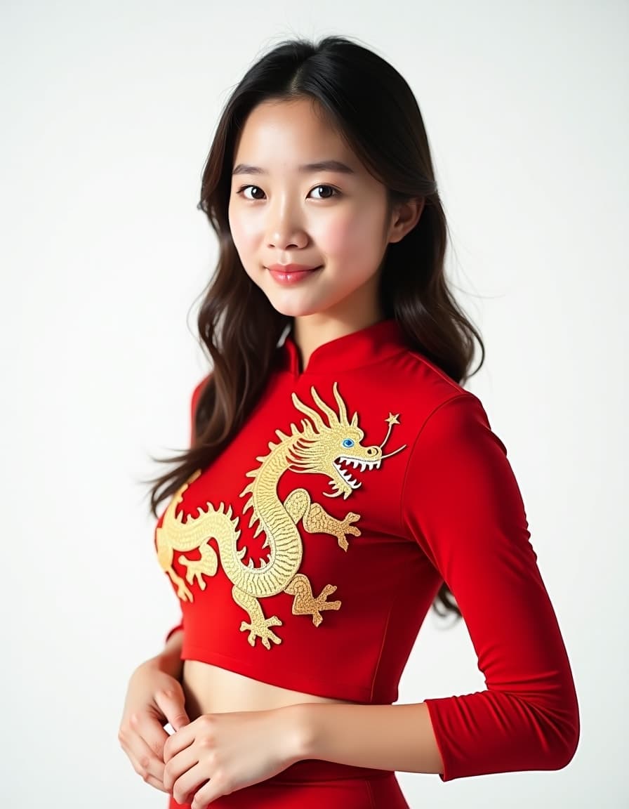 A model wearing a red long-sleeved crop top with a gold Chinese dragon embroidery design against a white background