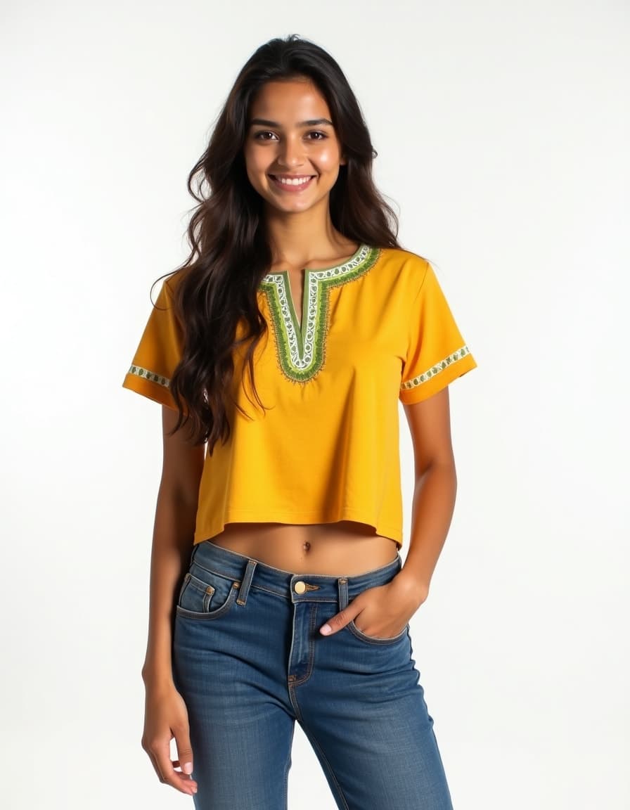 A model wearing a yellow cropped top with green and white embroidered neckline and sleeve trim, paired with blue jeans against a white background