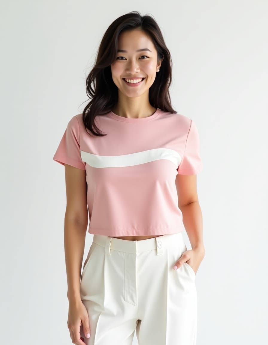 A model wearing a pink crop top with a white curved stripe across the chest, paired with high-waisted white pants against a white background