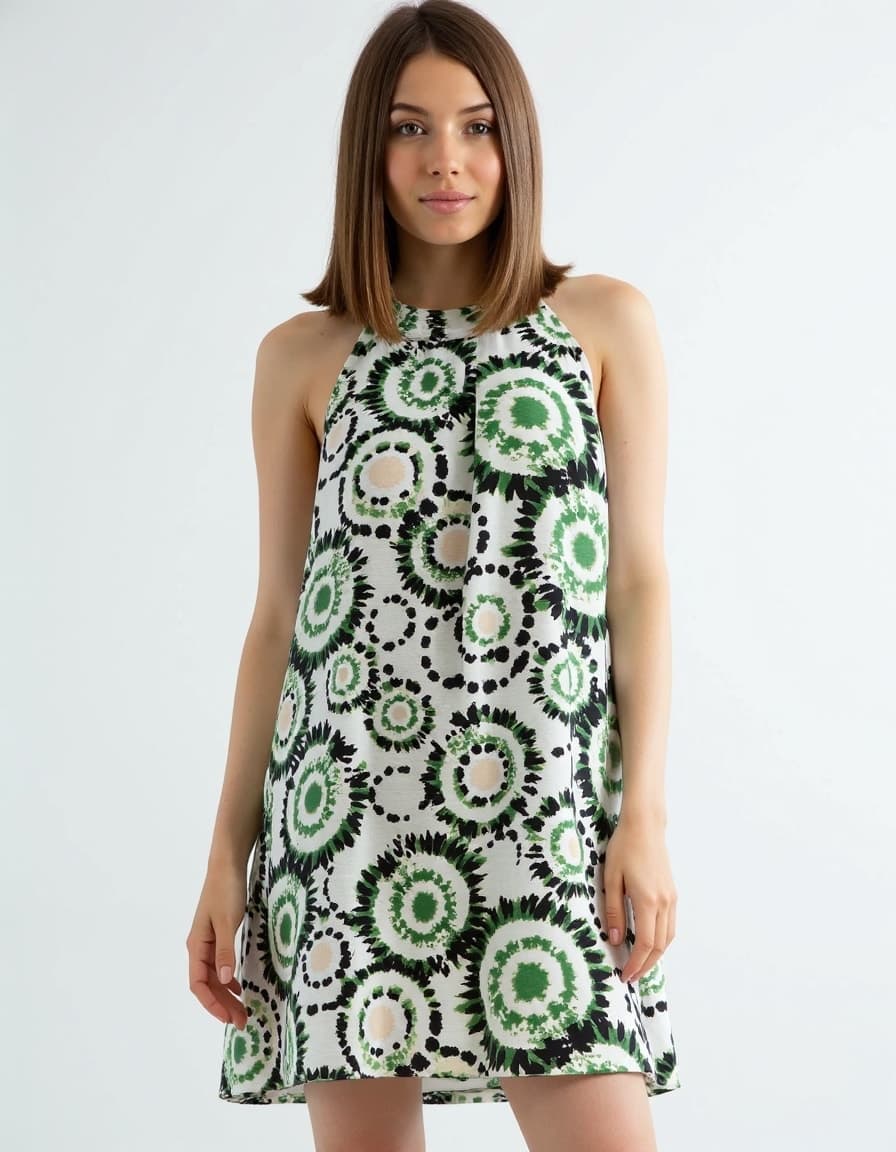 A model wearing a white sleeveless shift dress with green and black circular tie-dye pattern against a white background