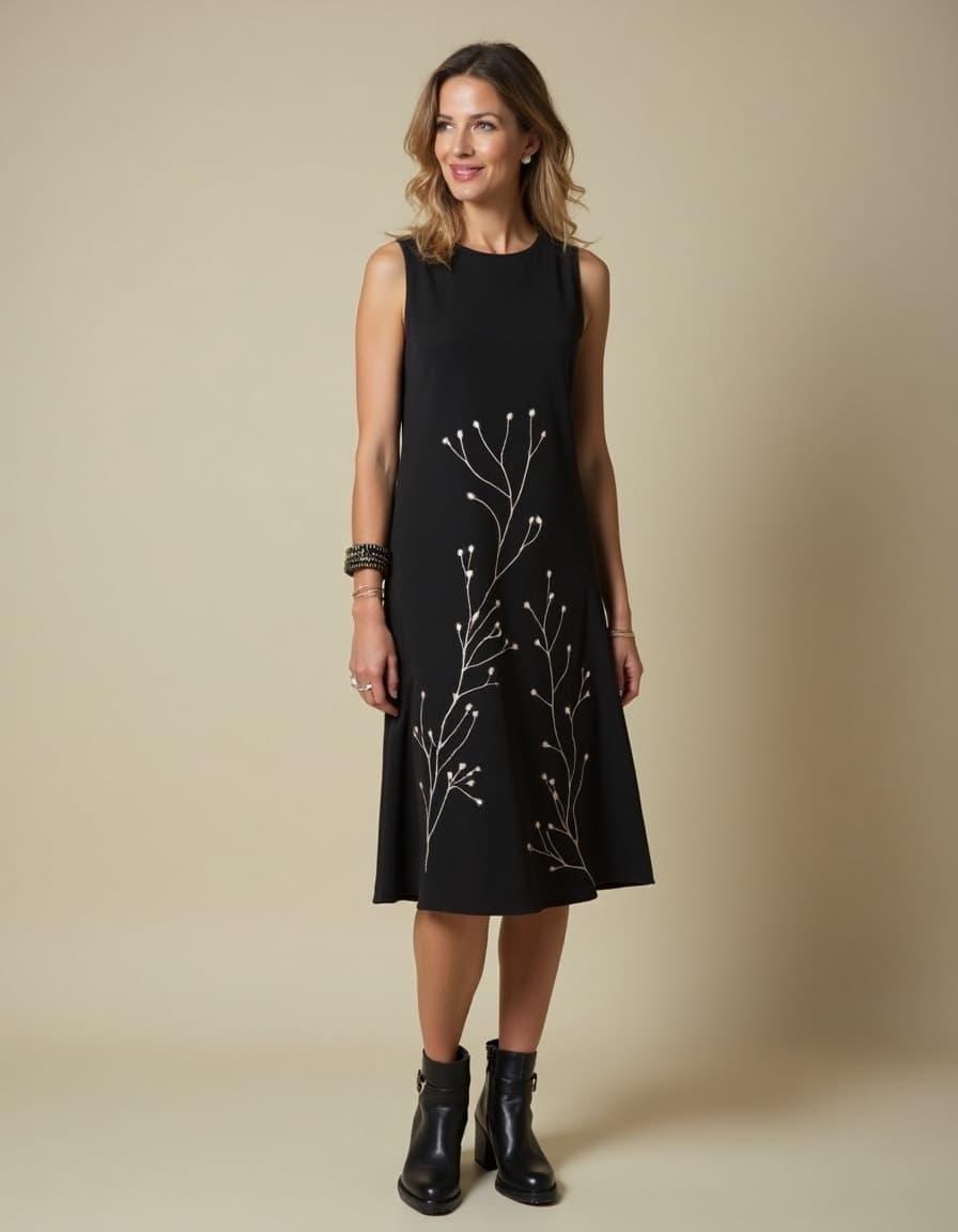 A model wearing a black sleeveless midi dress with delicate white floral branch design against a neutral beige background