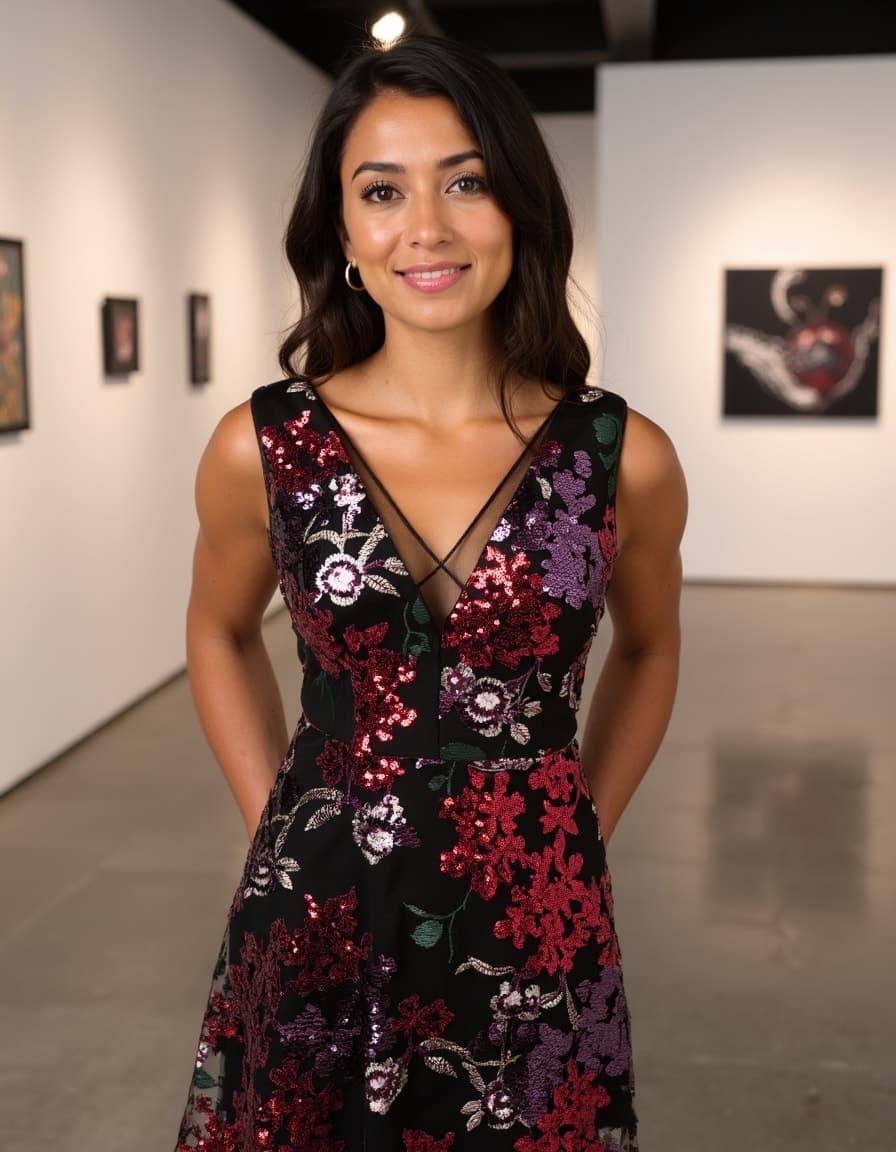 A model wearing a burgundy velvet evening dress with long sleeves and V-neck against a dark backdrop