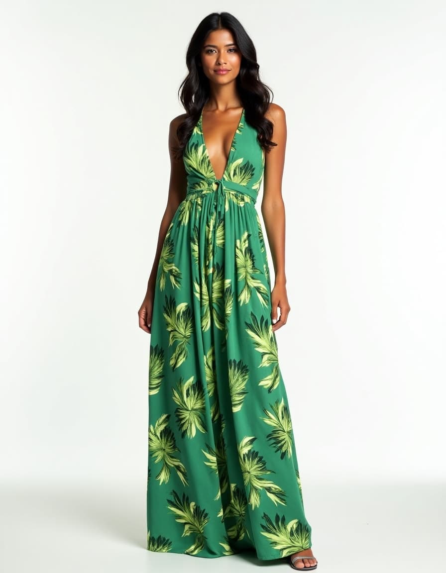 A model wearing a green halter maxi dress with tropical palm leaf print, featuring a plunging neckline and flowing skirt against a white background