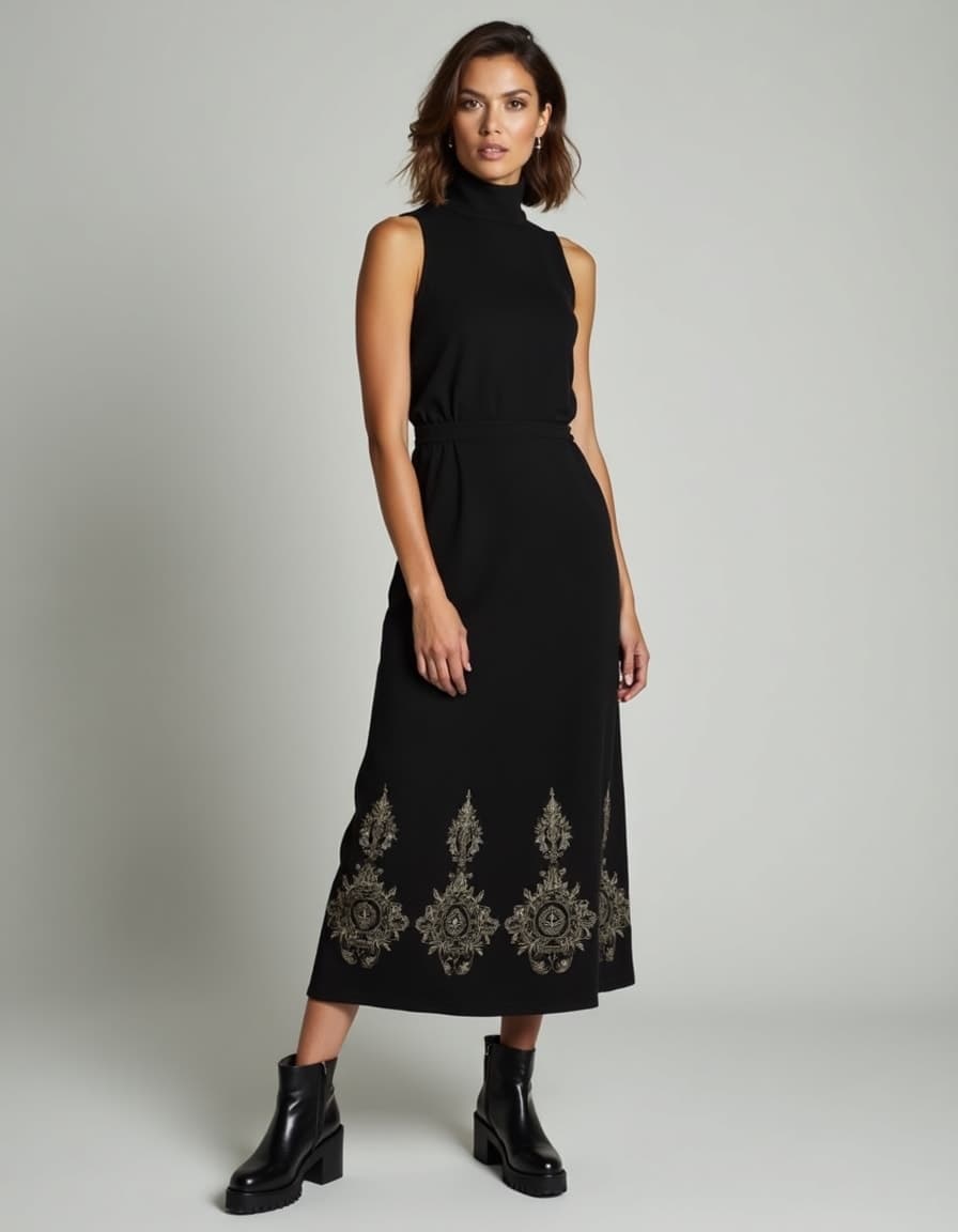 A model wearing a black sleeveless turtleneck midi dress with ornate gold embroidered medallion designs along the hem against a grey background