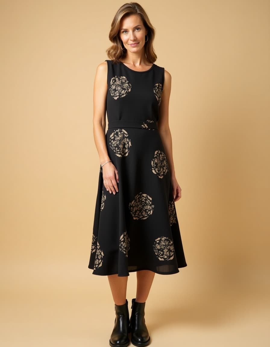 A model wearing a black sleeveless midi dress with beige circular floral medallion prints and belted waist against a neutral beige background