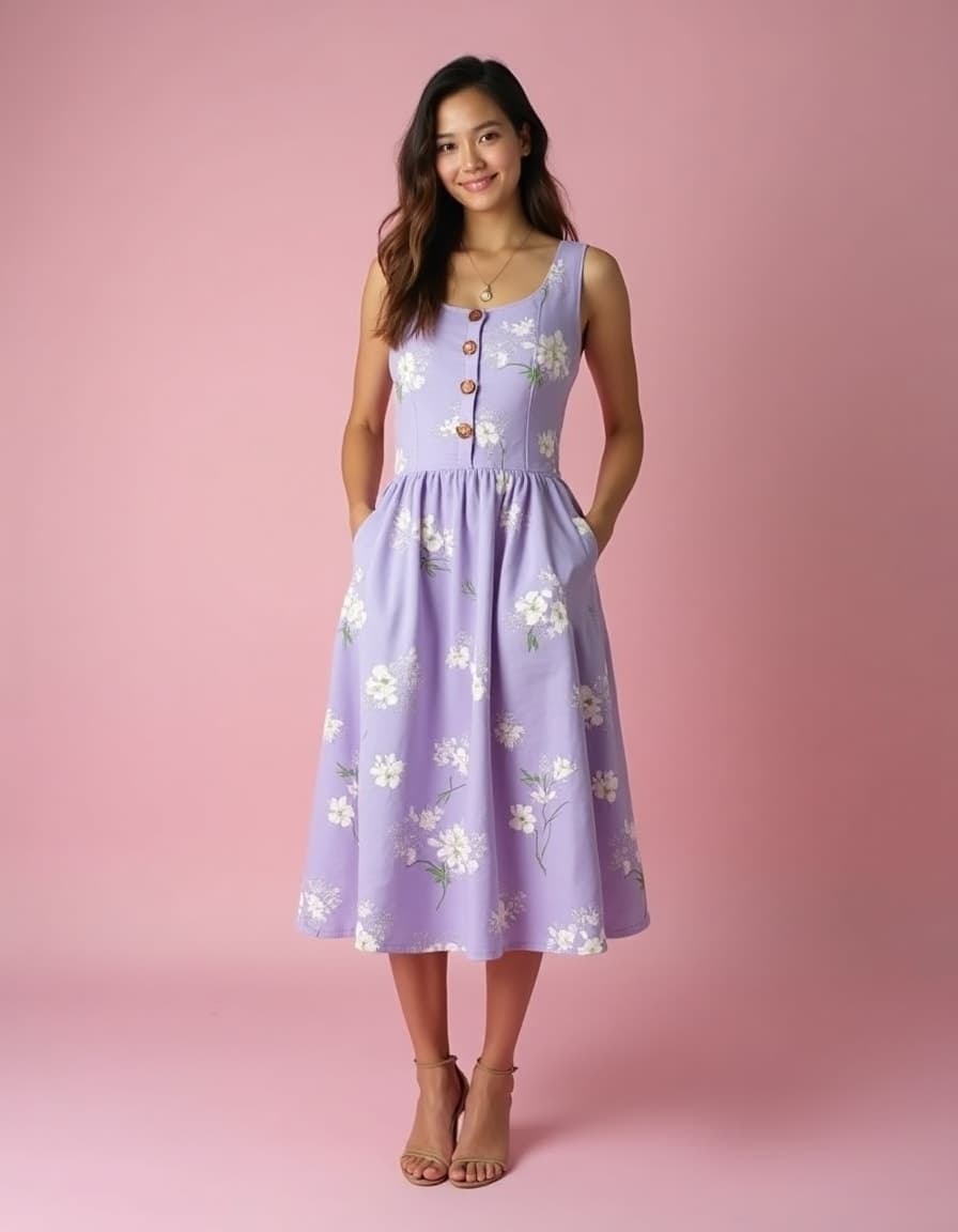 A model wearing a lavender midi dress with white floral print, button-front bodice and full skirt with pockets against a pink background