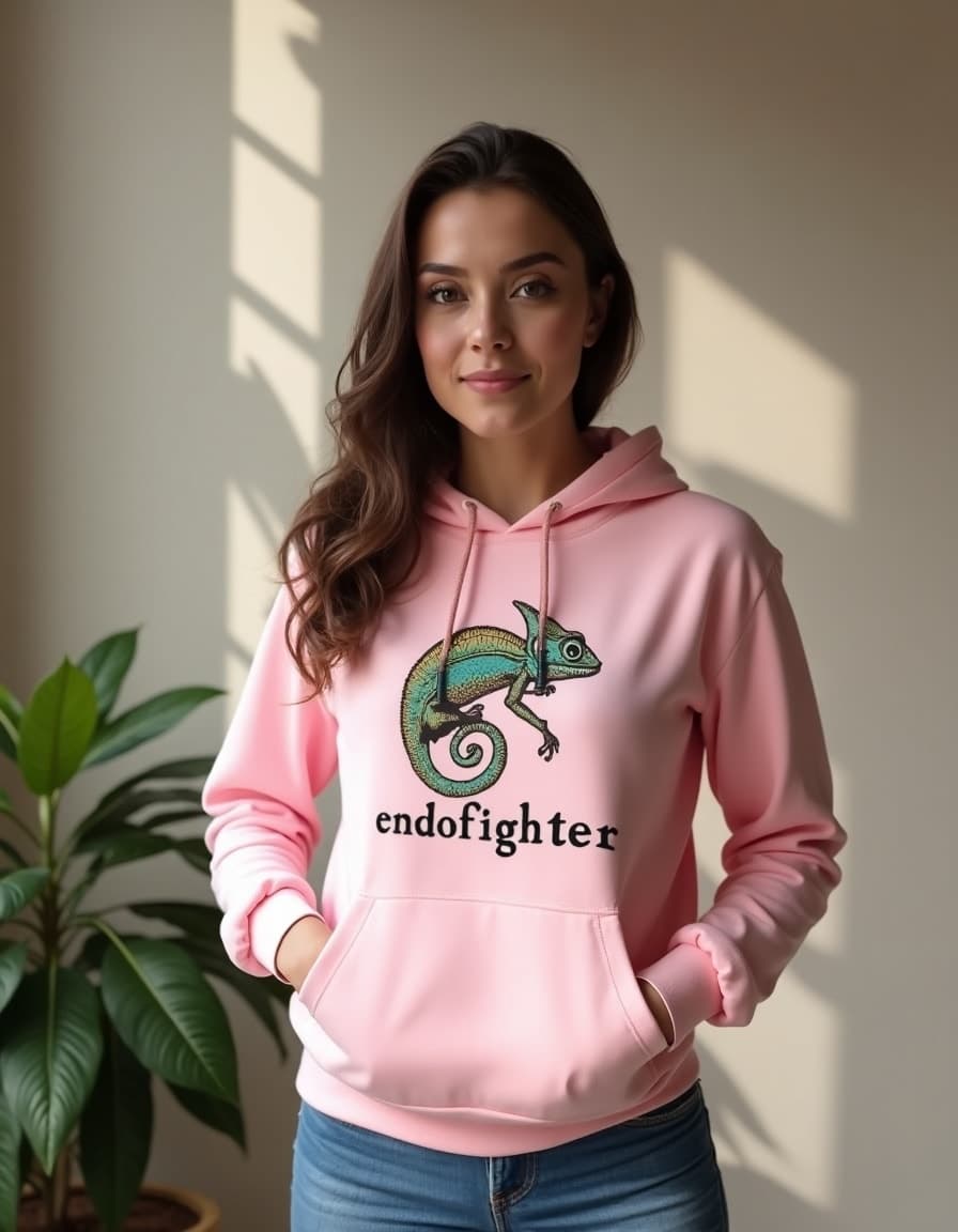 A model wearing a pink hoodie with colorful chameleon logo and "endofighter" text design