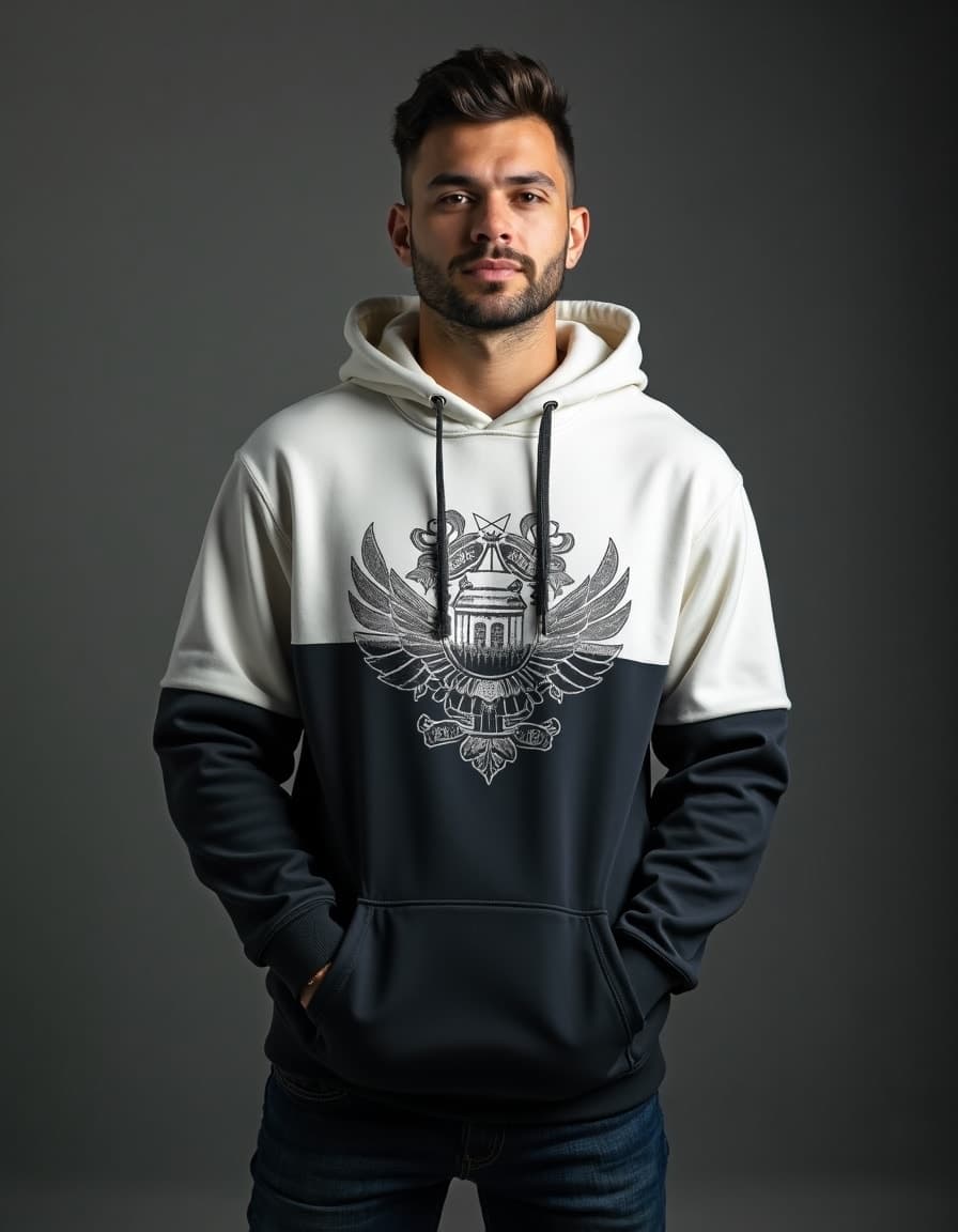 A model wearing a cream-colored hoodie with Rockstar Original skull and star logo in orange and black