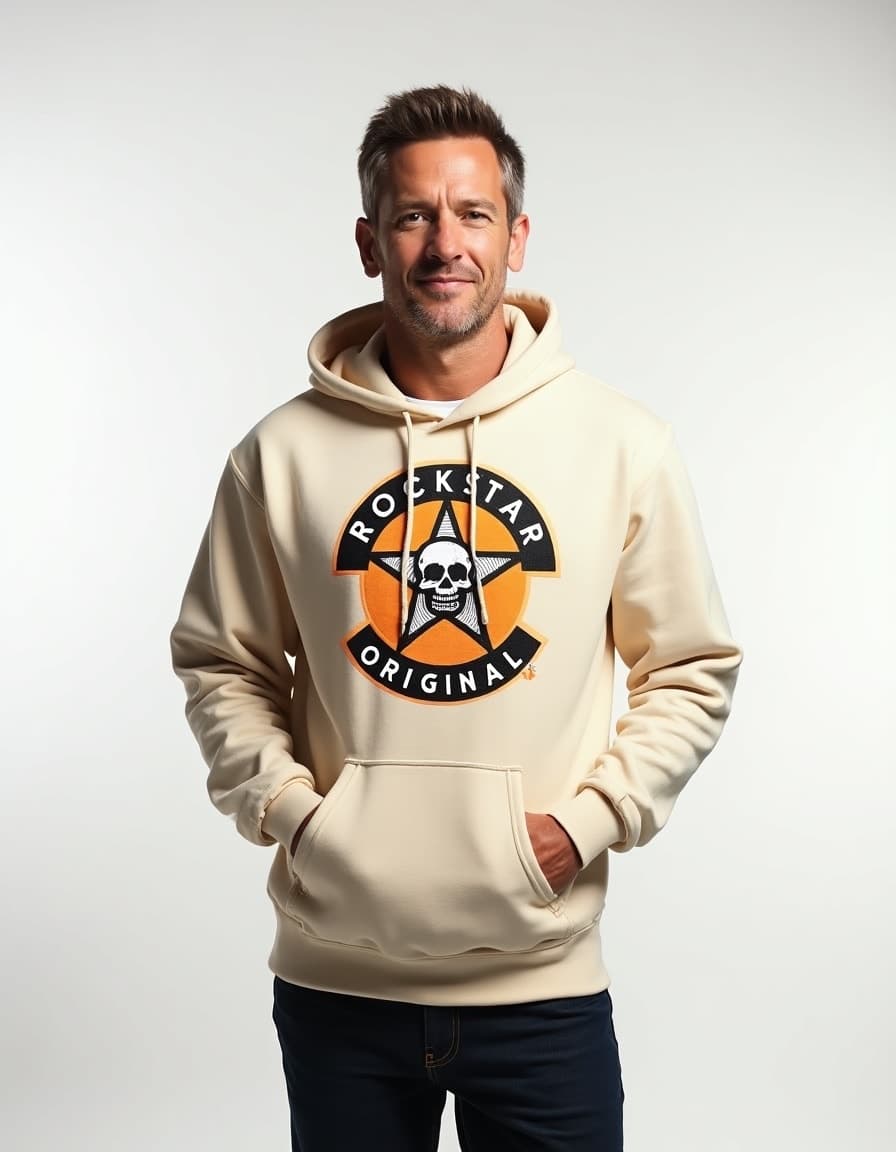 A model wearing a cream-colored hoodie with Rockstar Original skull and star logo in orange and black