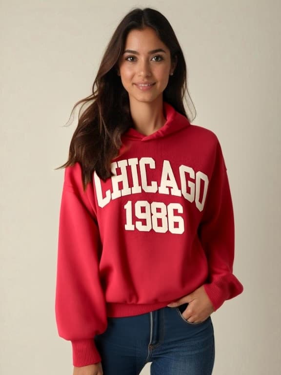 A model wearing a red hoodie with "Chicago 1986" text design