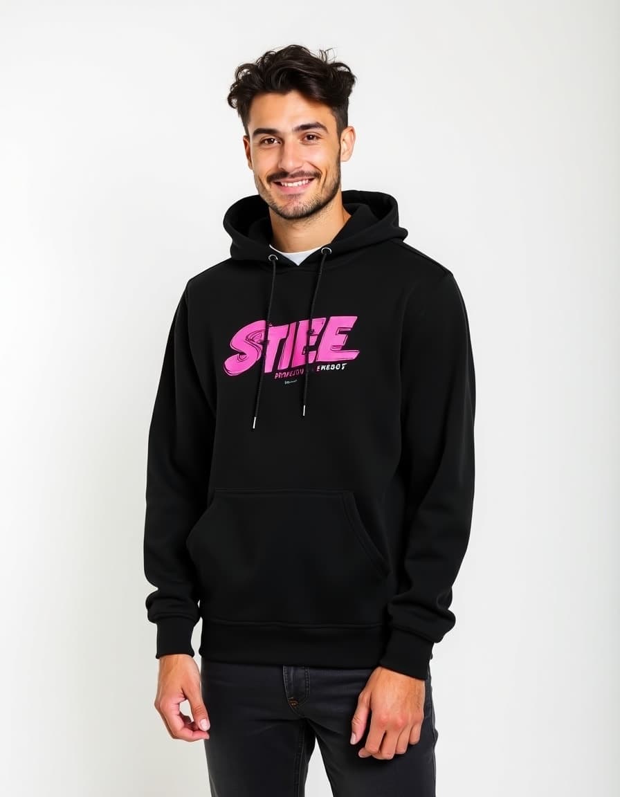 A model wearing a black hoodie with pink "STILE" text design 