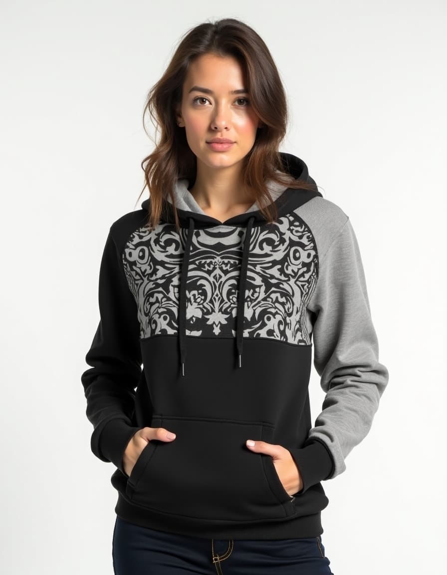 A model wearing a black and grey color-block hoodie with ornate damask pattern design