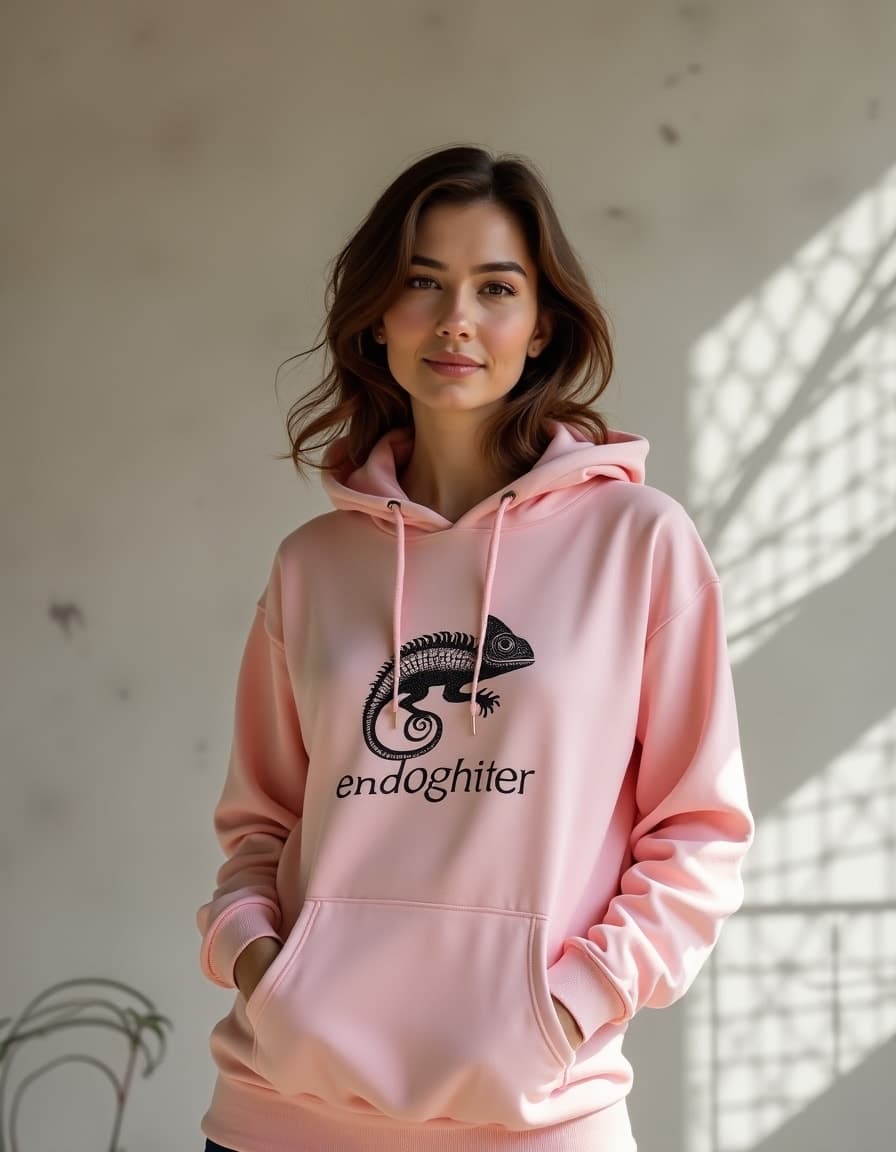 A model wearing a pastel pink hoodie