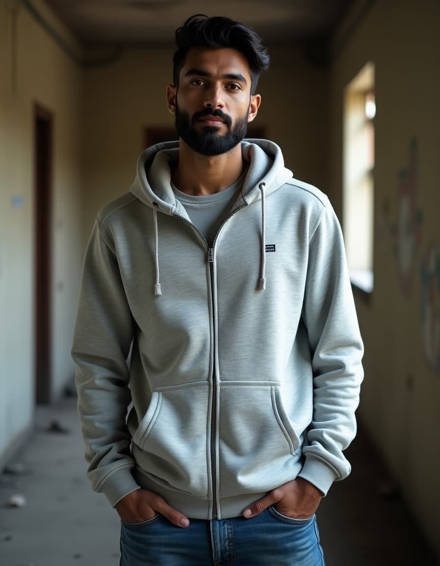 A model wearing a light grey zip-up hoodie with small brand label