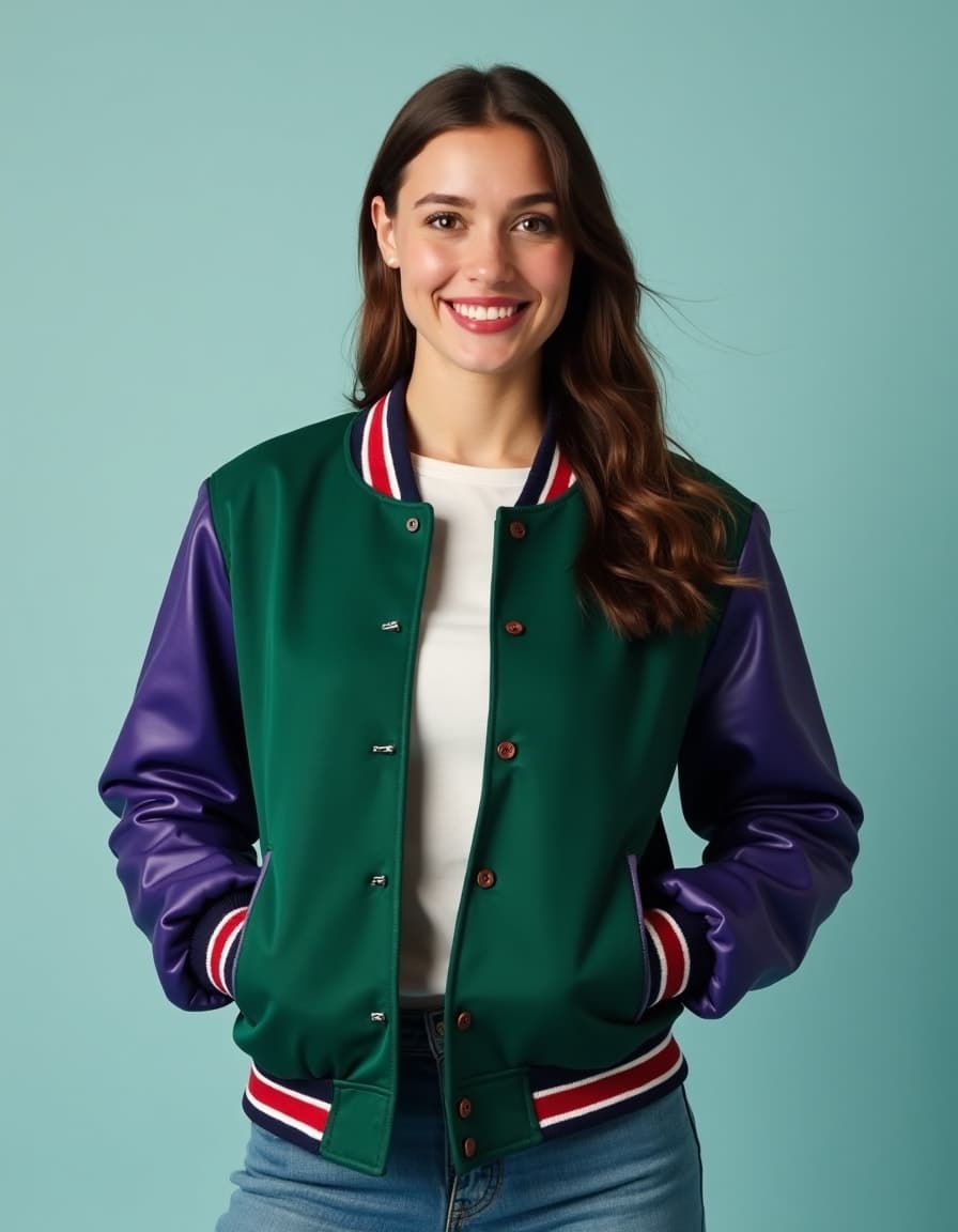 A model wearing a varsity jacket with green body, purple leather sleeves and red-white-blue striped ribbing, worn over a white top and jeans against a teal background