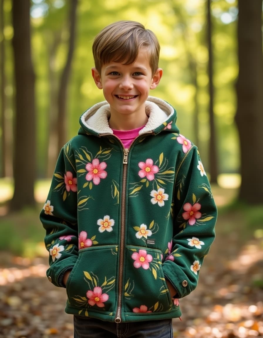 A model wearing a green sherpa-lined zip-up hoodie with pink and white floral print pattern, photographed in a forest setting with autumn leaves