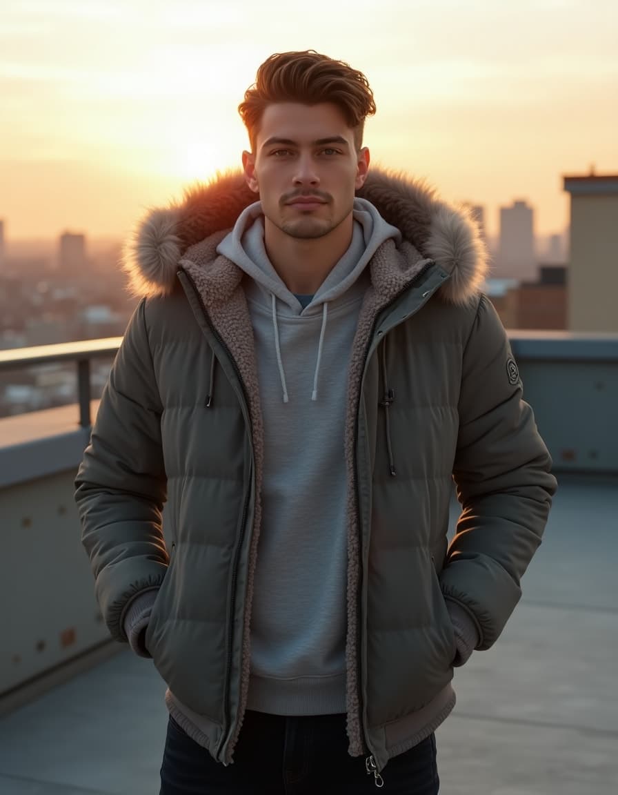 A model wearing a grey puffer jacket with fur-lined hood and sherpa interior over a light grey hoodie, photographed at sunset on a rooftop with city skyline in background