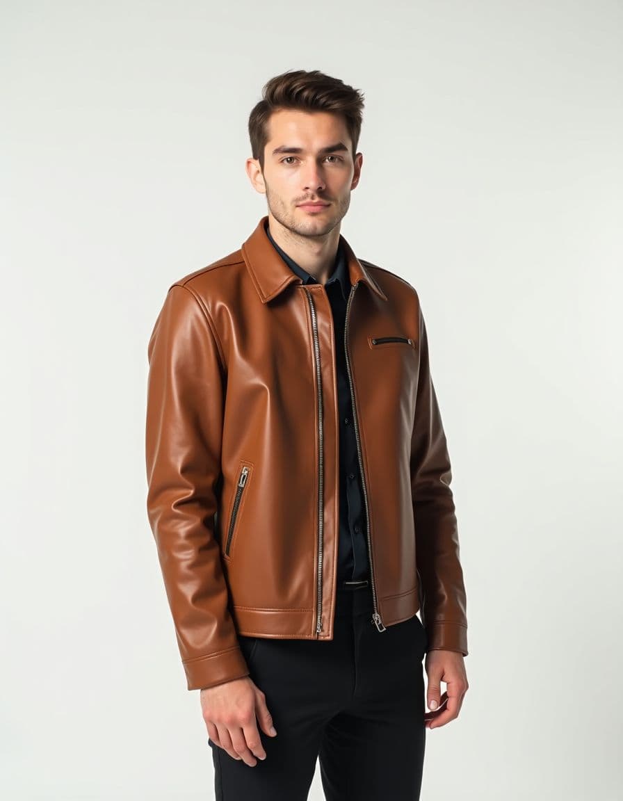 A model wearing a tan leather jacket with silver zippers and collar detail over a black shirt and pants against a white background