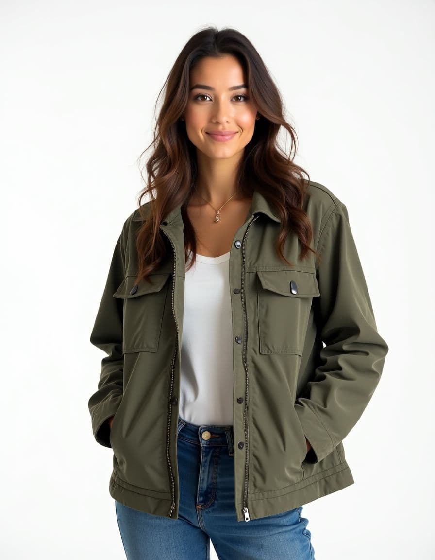 A model wearing a green military-style utility jacket with front pockets and button closures over a white top and jeans against a white background