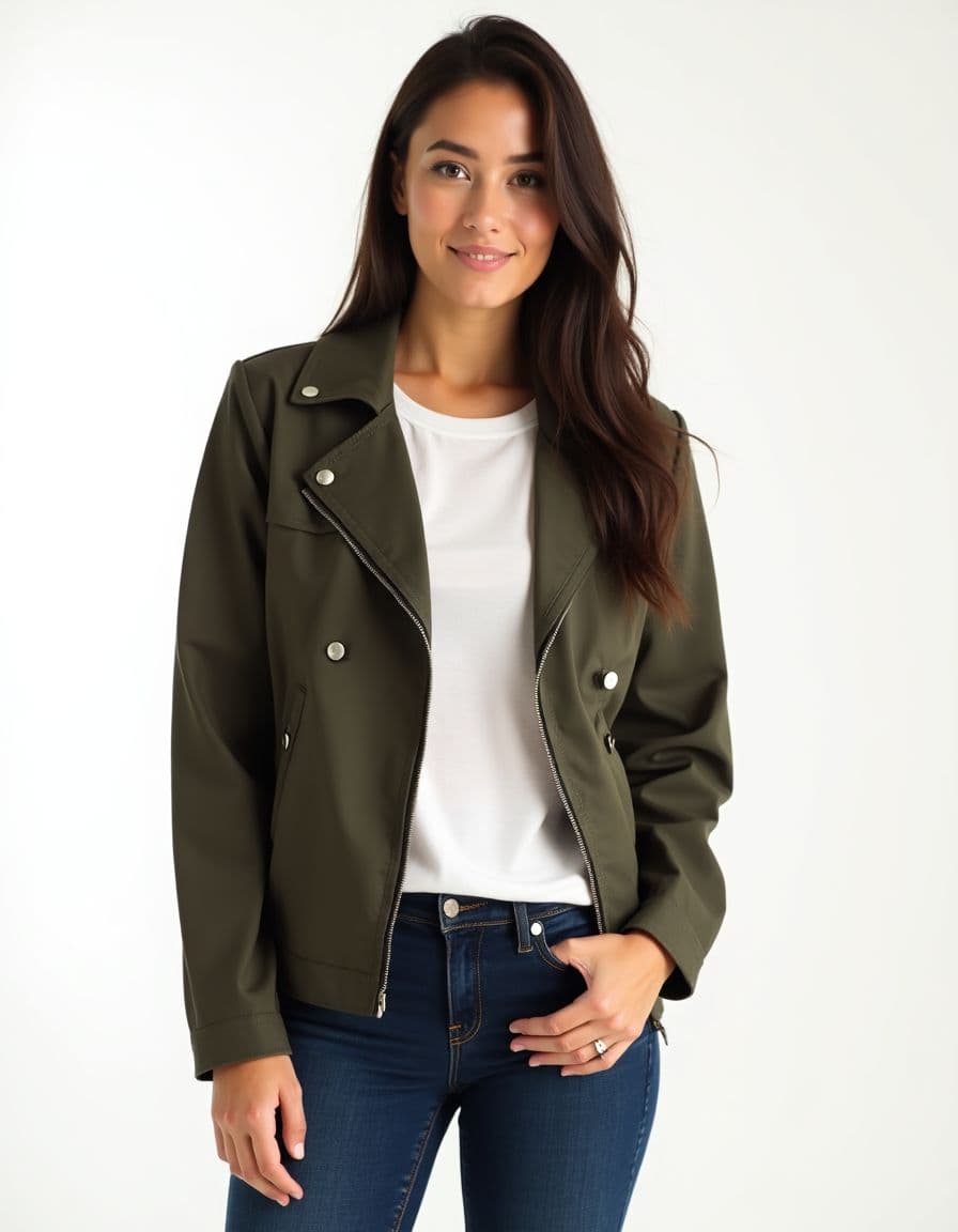 A model wearing a green military-style jacket with brass buttons and diagonal zipper closure over a white top and jeans against a white background