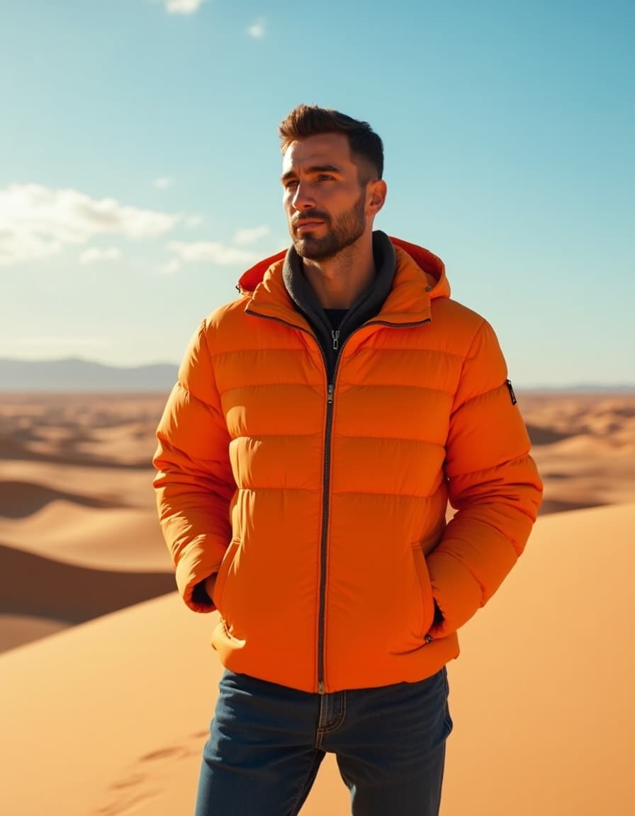 A model wearing a bright orange puffer jacket with black zipper trim over a dark hoodie and jeans, photographed in a desert setting with sand dunes and blue sky