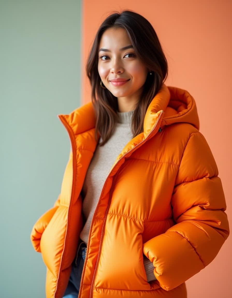 A model wearing a bright orange puffy winter jacket with high collar over a beige sweater against a split sage green and coral colored background