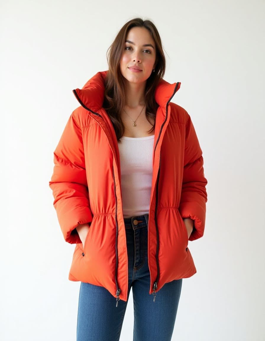 A model wearing a bright orange puffer jacket with black zipper trim over a white tank top and jeans against a white backgroun