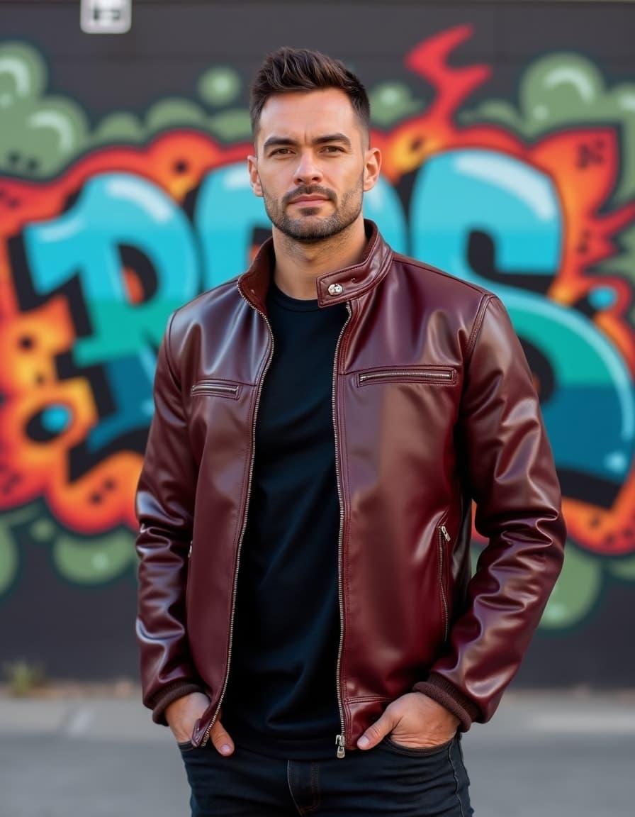 A model wearing a burgundy leather jacket with silver zippers against a colorful graffiti wall background