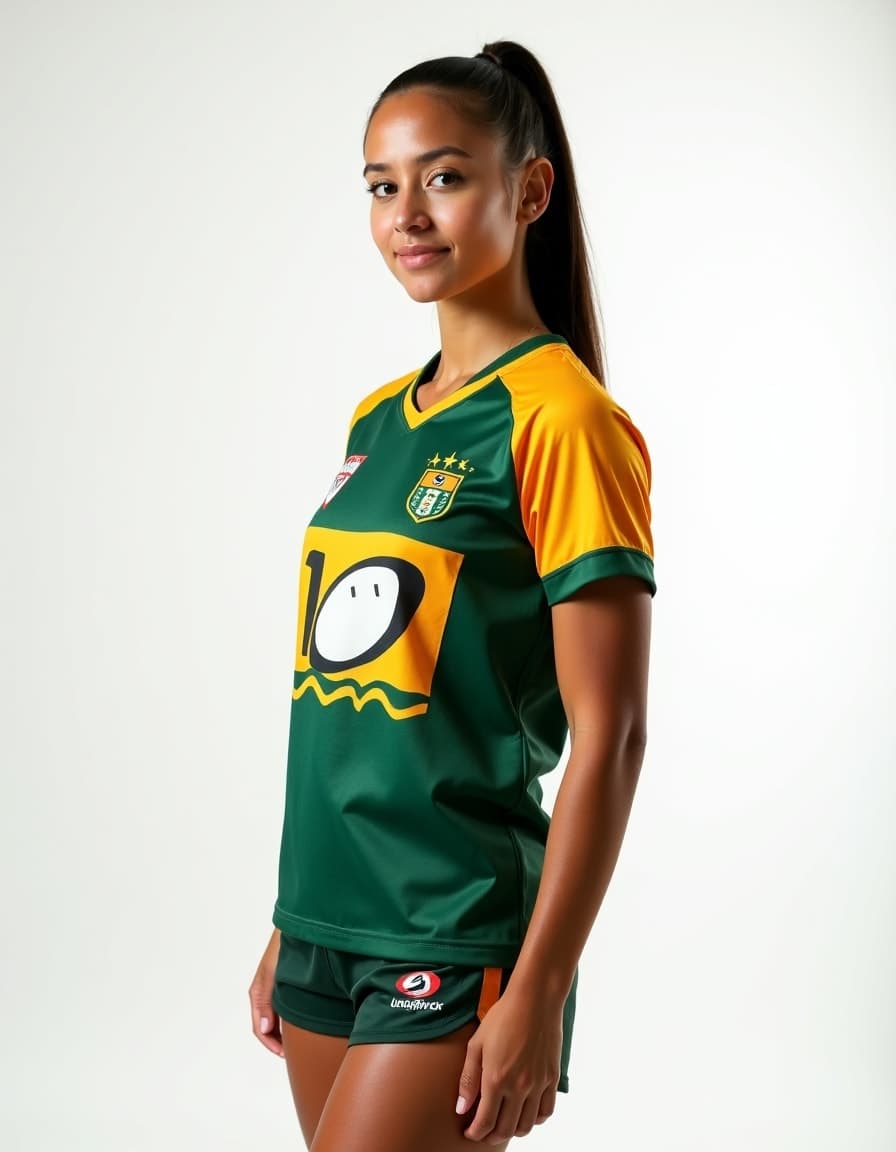 A model wearing a green soccer jersey with yellow sleeves and a yellow square logo featuring a simple face design against a white background