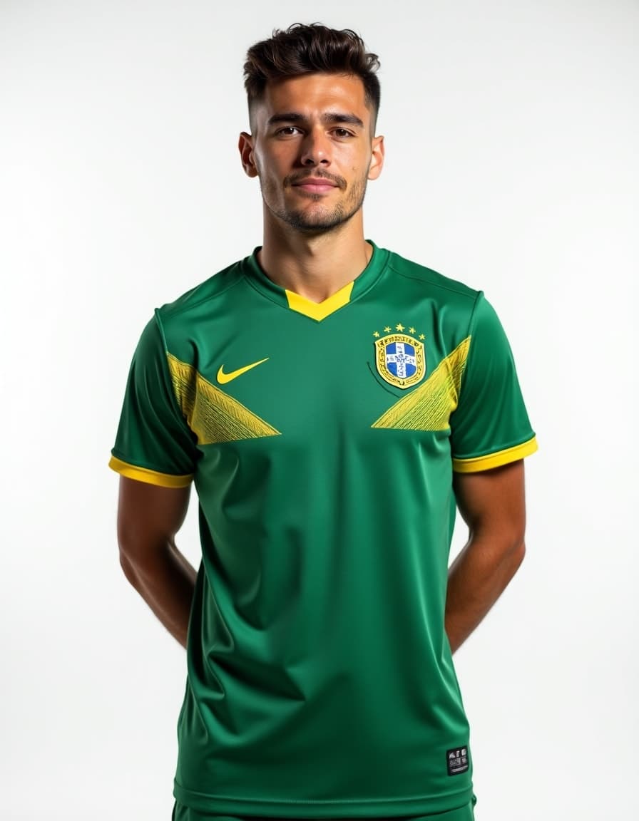 A model wearing a green Brazil soccer jersey with yellow accents and geometric shoulder patterns against a white background