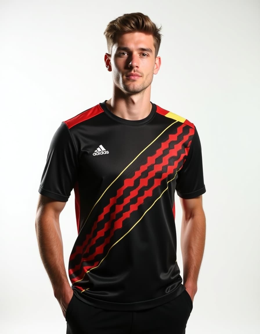 A model wearing a black soccer jersey with diagonal red wavy stripes and yellow accent lines against a white background