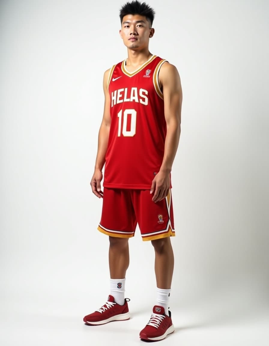 A model wearing a white soccer jersey with red accents and team crest