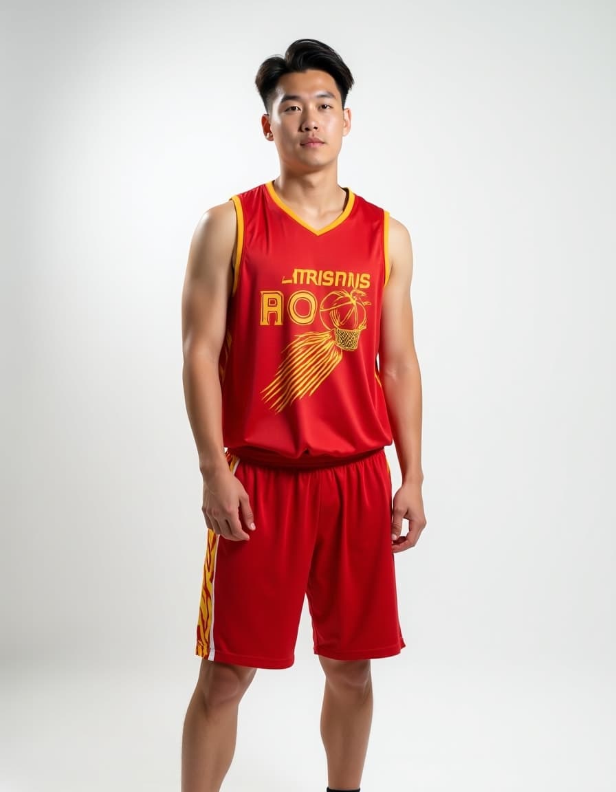 A model wearing a red basketball jersey with yellow trim and "Artisans" text design featuring a basketball hoop graphic against a white background