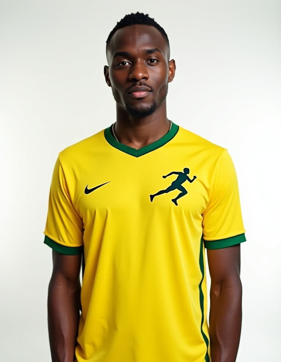 A model wearing a yellow soccer jersey with green trim and a black running figure silhouette design against a white background