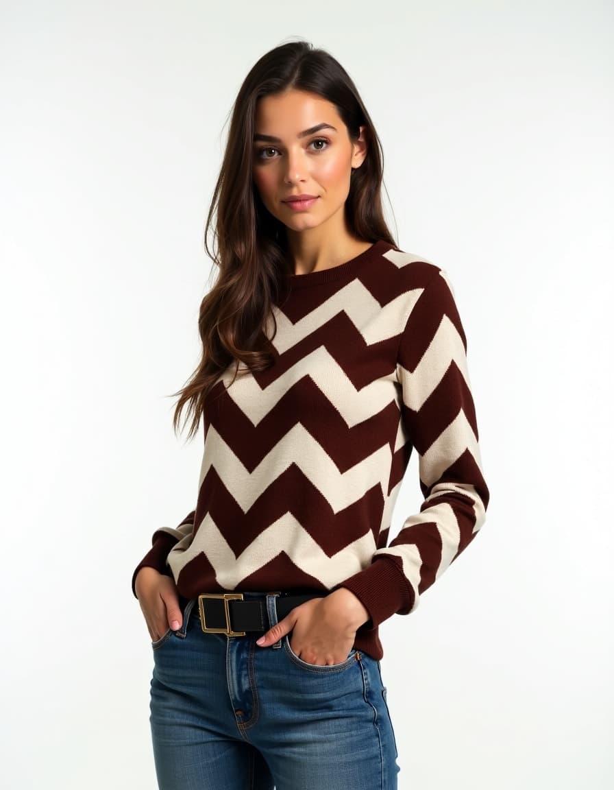 A model wearing a burgundy and cream chevron pattern long sleeve sweater, paired with blue jeans and a black belt, hands in pockets, against a white background