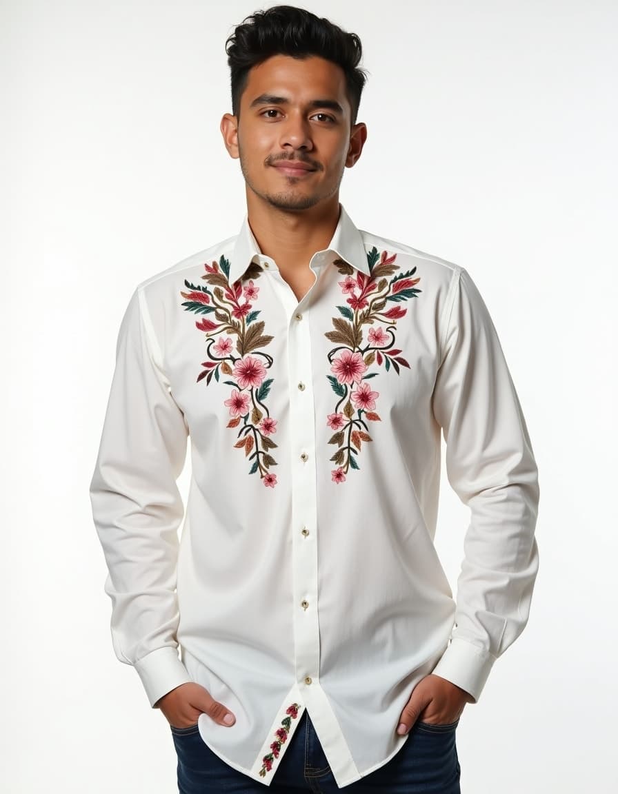 A model wearing a cream colored long sleeve shirt with nature-inspired embroidery details against a white background