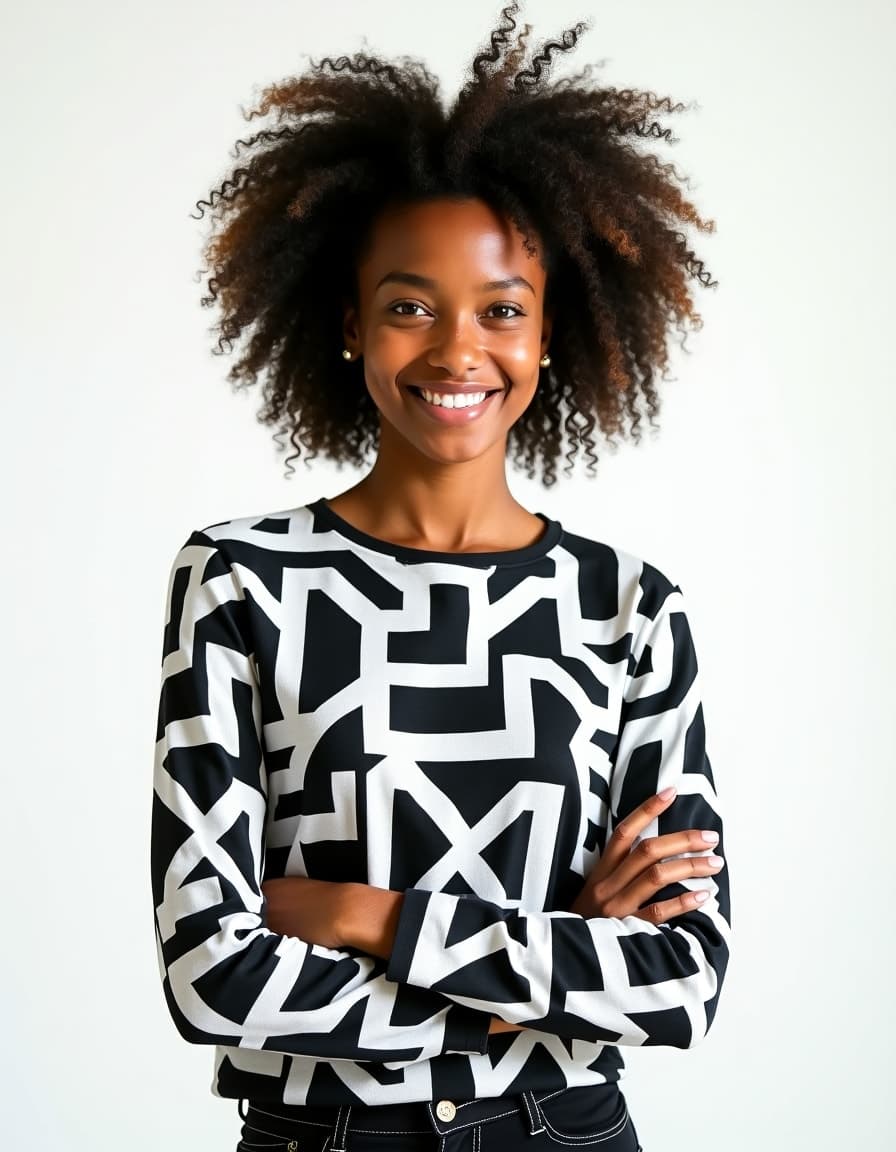 A model wearing a black long sleeve shirt with white abstract geometric pattern, arms crossed, paired with dark jeans against a white background